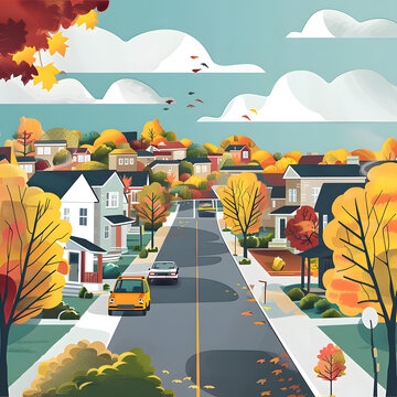 郊區(qū)秋景：金黃與紅葉的街道