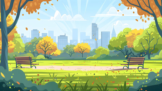 城市公園秋景，樹(shù)木、長(zhǎng)椅和天際線