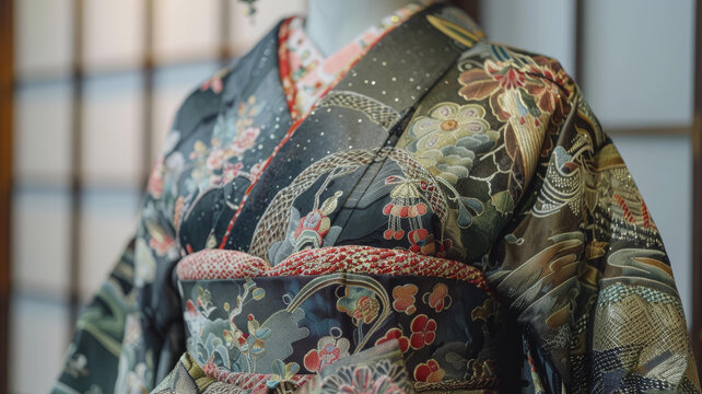 一件帶花卉圖案的和服的特寫