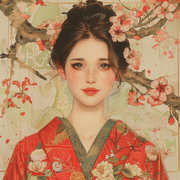 身穿和服、頭戴櫻花的年輕女子肖像