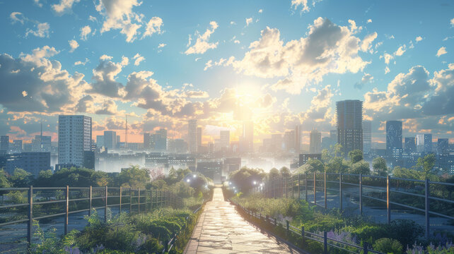 金色夕陽下的城市綠洲