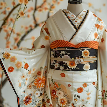 白色和橙色印花日本和服