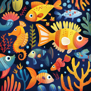 五彩熱帶魚和水草的海底世界