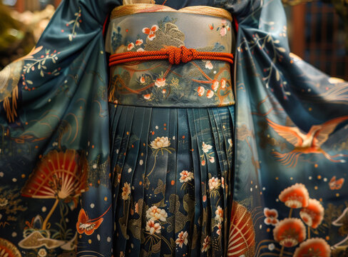 身穿印有花卉圖案和服、腰間系有紅色腰帶的女性
