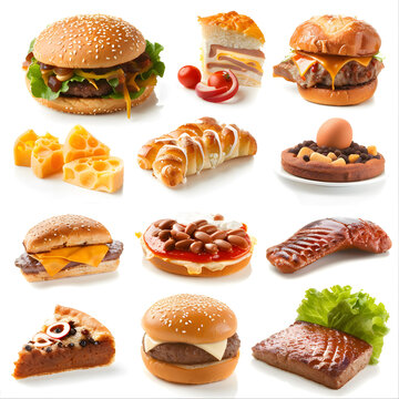 白色背景上的快餐和烘焙食品