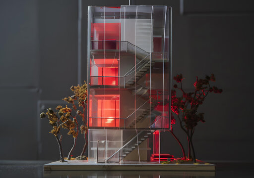 現(xiàn)代玻璃建筑模型紅色燈光
