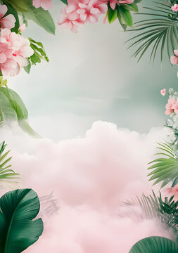 粉色花朵和綠色葉子框架云朵背景