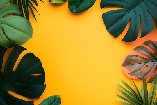 黃色背景上綠葉的平鋪，熱帶夏季主題
