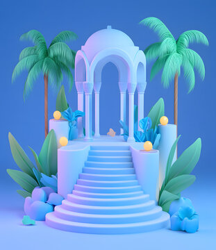 藍(lán)色背景下的白色拱門3D渲染場(chǎng)景