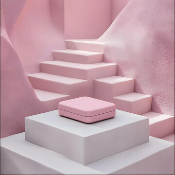 粉色盒子與白色平臺的背景墻