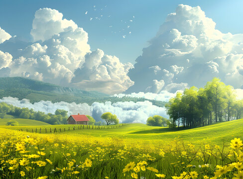 鄉(xiāng)間小屋和黃色花朵的鄉(xiāng)村風(fēng)景
