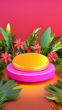 金色平臺和粉色底座的熱帶夏季背景