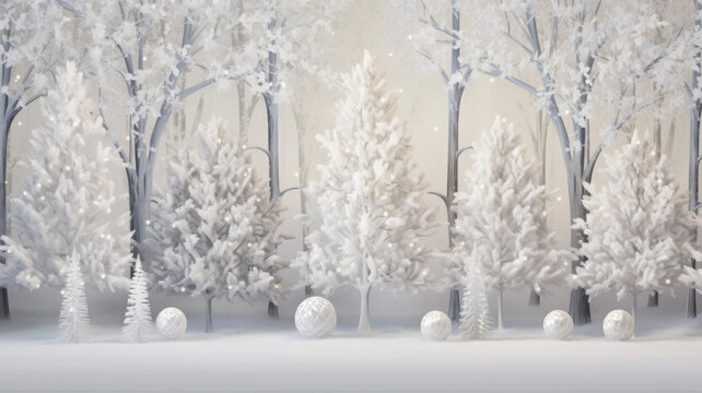 白雪皚皚的森林里掛著球的白色雪樹