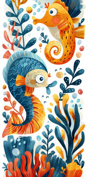 兩只可愛魚和一些水生植物的插圖