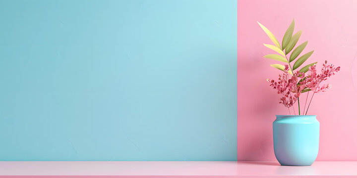 粉色藍(lán)色極簡背景墻與花瓶