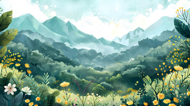 山脈上的綠色樹林和鮮花