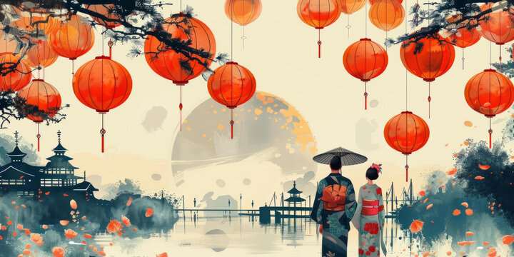身穿和服的日本夫婦漫步在紅燈籠點綴的橋上