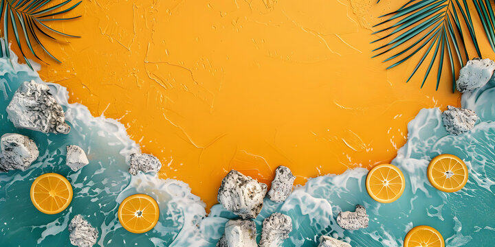 夏季海灘背景，橙子片和棕櫚葉