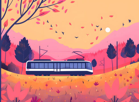 秋日山林電車風景