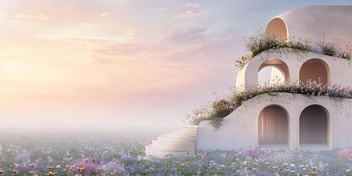 夢(mèng)幻建筑與花海日出