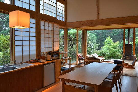 現(xiàn)代日式房屋內(nèi)部設(shè)計，木制櫥柜，花園景色