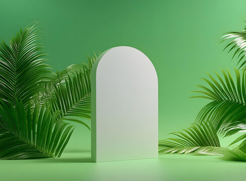 綠色簡約拱形背景與棕櫚葉