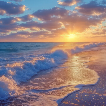 夕陽西下海面波光粼粼海浪輕輕拍打著海岸