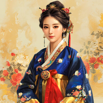 身穿韓國(guó)傳統(tǒng)服飾的年輕女子肖像，或韓服