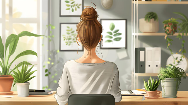 坐在桌邊工作的女人的