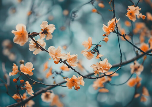 桃花枝椏特寫 藍色背景