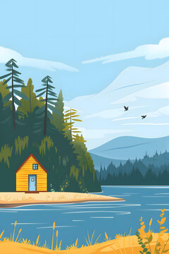 湖邊樹林小屋的風(fēng)景畫