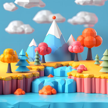 風(fēng)格的3D山地景觀，有五顏六色的樹木和一條藍(lán)色的河流