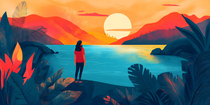 山海之間，夕陽余暉下的女子