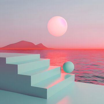 極簡主義風(fēng)格的日落海邊臺階3D渲染