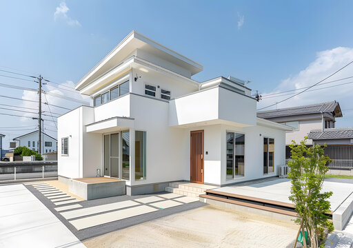 現(xiàn)代白色住宅帶木門和庭院