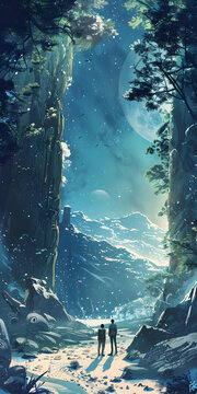 藍色天空下，兩道身影站在山巒之間