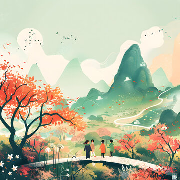 秋日山林，四個人在中國旅行