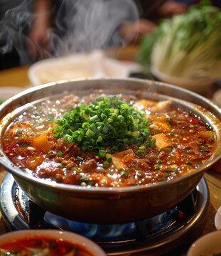 一鍋熱氣騰騰的四川火鍋里面有牛肉和豆腐