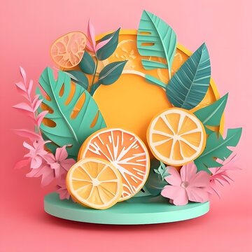 粉色背景紙雕夏日水果