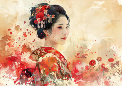 身穿印有紅色和白色花朵的傳統(tǒng)日本和服的美麗亞洲女性肖像