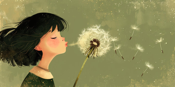 蒲公英在女孩的輕吹下飛舞