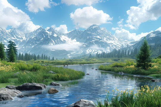 壯麗的山脈和河流在美麗的風(fēng)景中