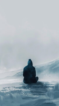 孤獨(dú)的人坐在雪地里