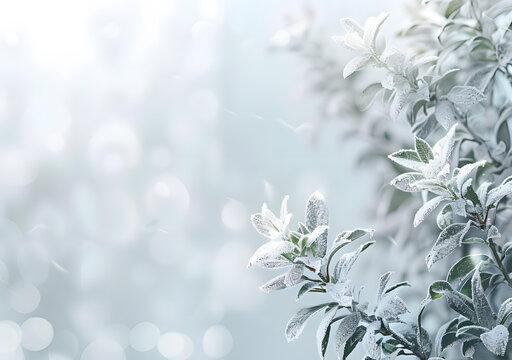 冬日夢幻：冰雪覆蓋的樹葉與柔藍背景