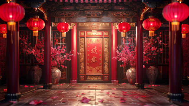 中國(guó)庭院紅燈籠粉花