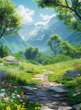奇幻山地景觀石板路穿過郁郁蔥蔥的森林