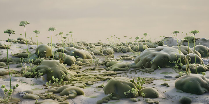 沙漠景觀中綠色的苔蘚巖石特寫
