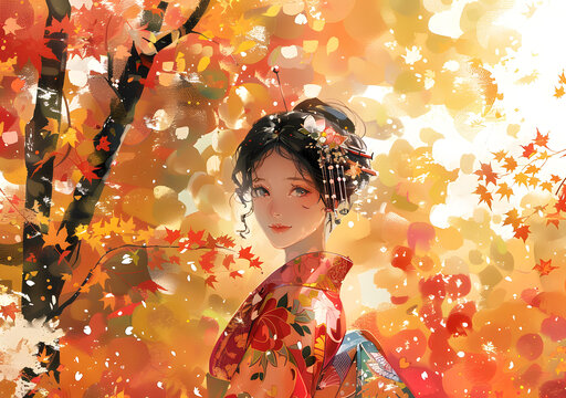 身穿和服的美麗亞洲女性插圖