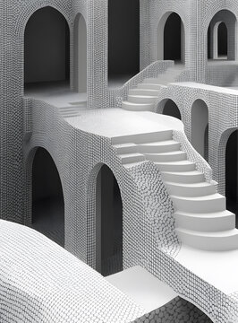 拱形門廊和樓梯的抽象白色3D建筑結構