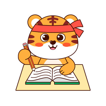 可愛(ài)卡通老虎學(xué)習(xí)奮斗矢量插畫(huà)